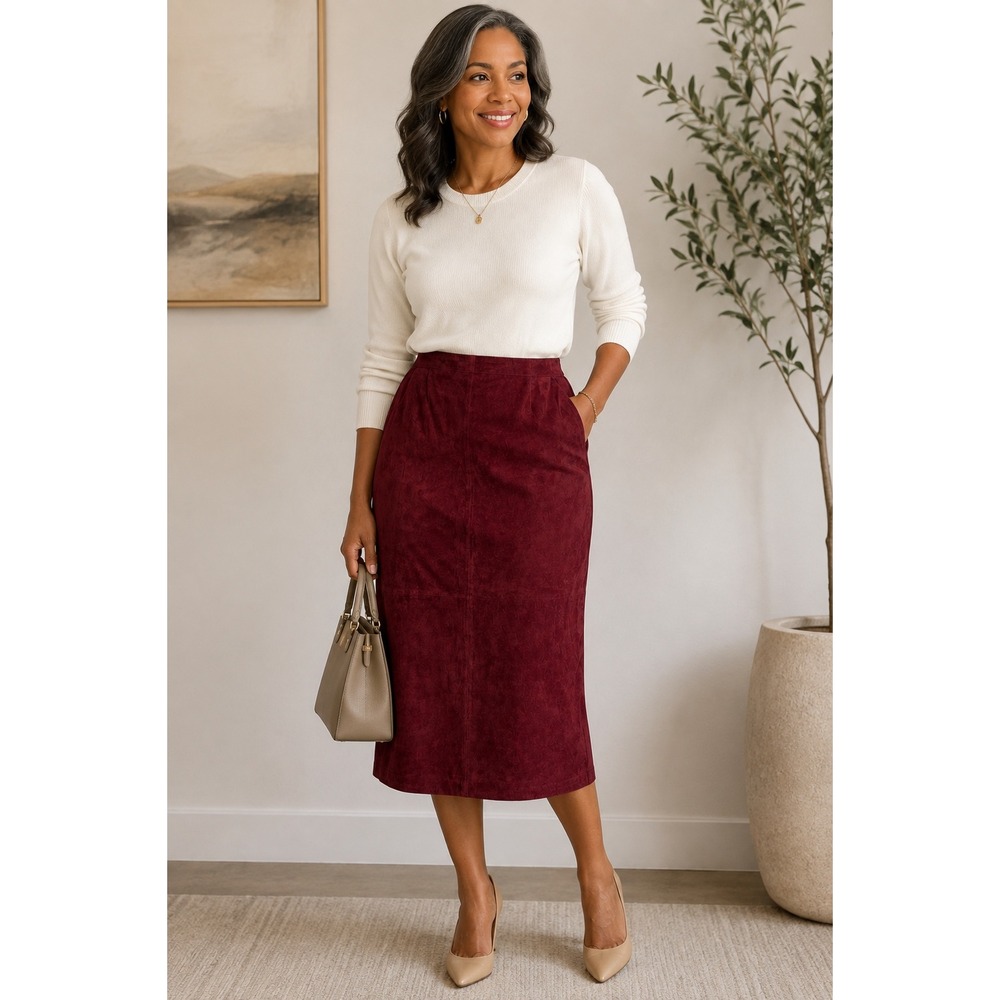 Coldwater Creek Long Suede Skirt Women Large Wine Straight Genuine Leather NWT